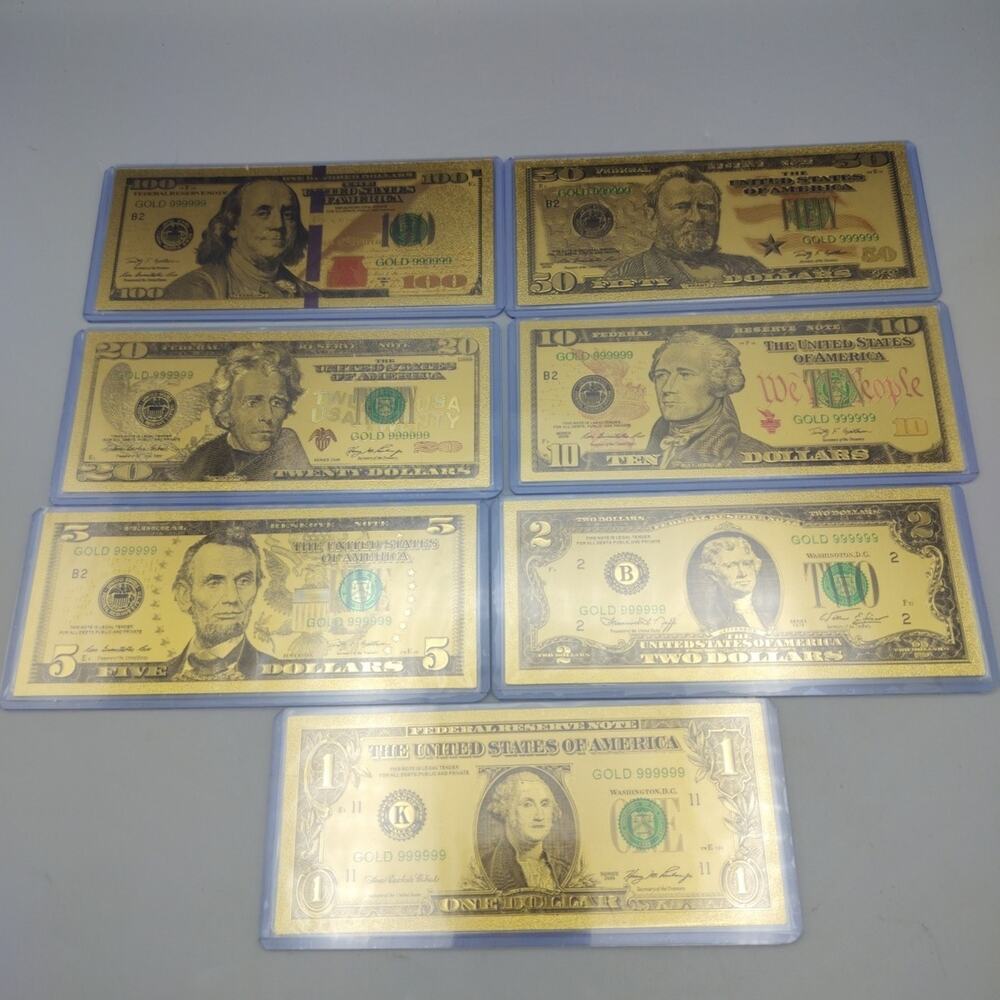 7 Gold Foil Bank Notes $1-$2-$5-$10-$20-$50-$100 Colorized New Style